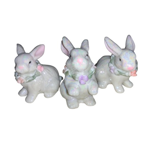 Easter Bunny Rabbits with Floral Wreaths Set of 3 - Picture 1 of 10